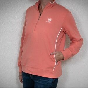 Ashworth Pebble Beach sweater. Coral color. Embroidered Poppy Hill logo. Small